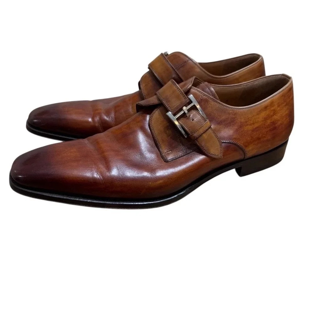 Magnanni Mens Cognac Leather Single Monk Strap Cap Toe Dress Shoes Size 13 Spain